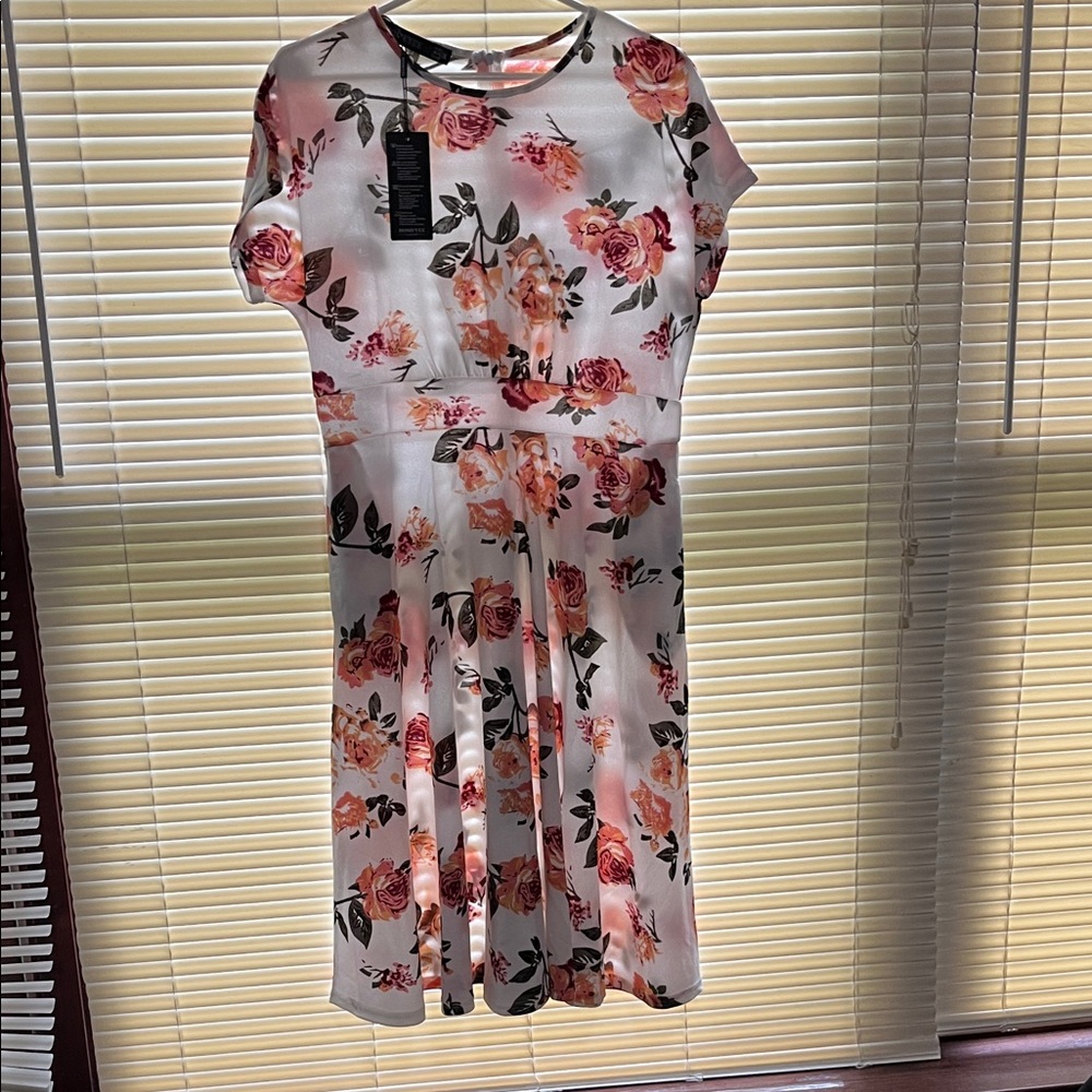 White Midi Dress with Pink Rose Print by